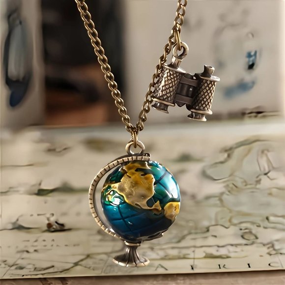 Globe Travel Golden Brass Necklace with little binoculars - Picture 4 of 8